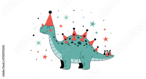 Adorable and playful blue dinosaur wearing multiple party hats and surrounded by colorful stars and confetti, celebrating a delightful birthday event.