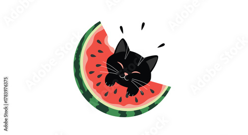 Adorable black cat happily peeks out from a juicy red watermelon slice, creating a sweet and refreshing summer food and pet illustration.