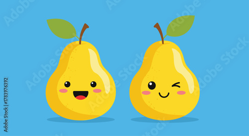 Playful cartoon illustration features two cheerful anthropomorphic pears with happy expressions, one smiling and one winking, on a vibrant blue background.