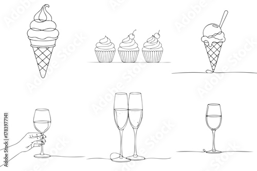 Outline icons of desserts and drinks for snowy mountain wedding  