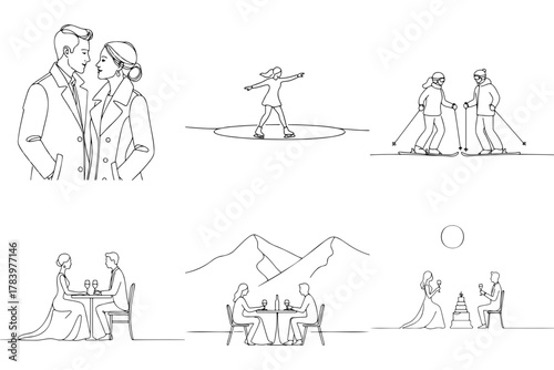 Couples enjoying snowy mountain wedding activities in minimalist style  