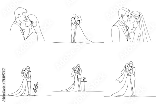 Line art of couple sharing romantic moments for snowy mountain wedding  