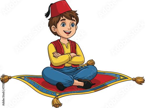 Cartoon boy on flying carpet, magical character with fez hat, vector illustration for folklore, fantasy, Middle Eastern stories, kids, and adventure themes
