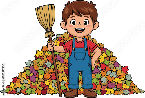 Cartoon child raking autumn leaves, seasonal activity with broom, colorful fall foliage vector for kids, nature, cleanup, education, and outdoor themes