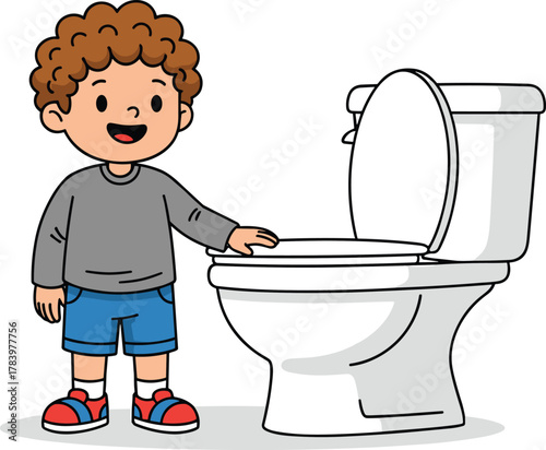 Cartoon child standing beside toilet, smiling kid in gray shirt and blue shorts, vector illustration for hygiene, potty training, and bathroom etiquette