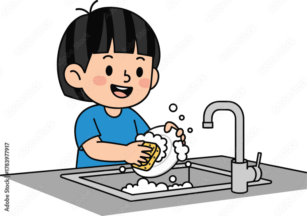 Fototapeta premium Cartoon child washing dishes at kitchen sink, smiling kid with sponge and soap suds, vector illustration for chores, hygiene, and responsibility themes