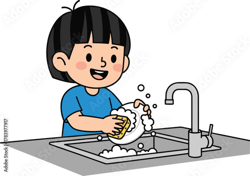 Cartoon child washing dishes at kitchen sink, smiling kid with sponge and soap suds, vector illustration for chores, hygiene, and responsibility themes