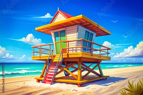 Bright lifeguard tower vector illustration on sandy Miami Beach under clear blue sky and turquoise ocean waves