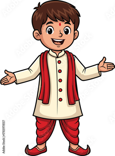 Cartoon boy in traditional Indian attire, smiling child in kurta and churidar, vector illustration for culture, celebration, festival, and heritage themes