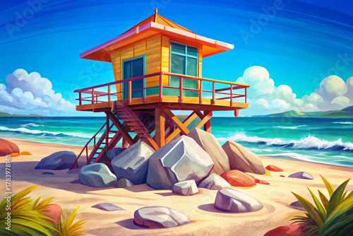 Bright lifeguard tower vector illustration on sandy Miami Beach under clear blue sky and turquoise ocean waves