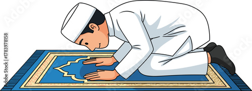 Cartoon person performing Islamic prayer, sujud posture on decorative mat, vector illustration for worship, religion, spirituality, and cultural themes