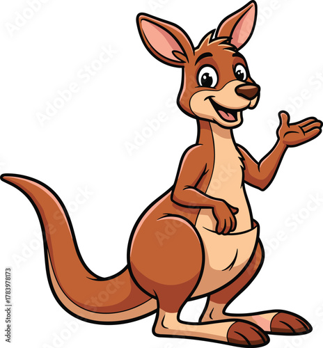 Cartoon kangaroo standing upright, cheerful marsupial with pouch and waving gesture, vector illustration for wildlife, kids, Australia, and animal themes