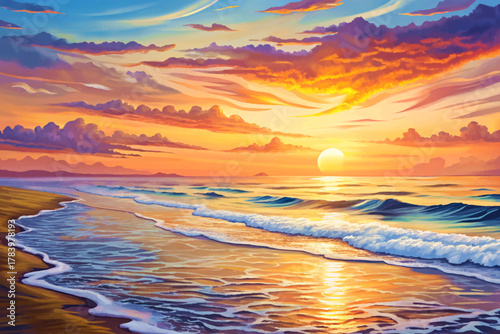 Early sunrise over Myrtle Beach vector illustration with orange sky and gentle waves washing golden sand