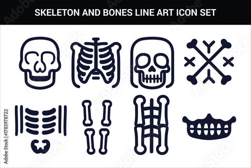 skeleton and bones line art icon set illustration on a white background