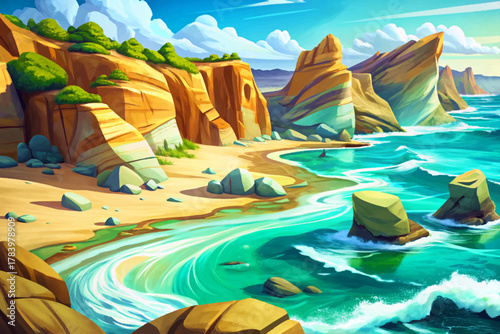 Laguna Beach cliffs and rocks surrounded by turquoise waves and sunlight reflections