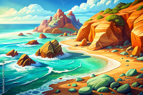 Laguna Beach cliffs and rocks surrounded by turquoise waves and sunlight reflections