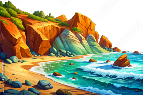 Laguna Beach cliffs and rocks surrounded by turquoise waves and sunlight reflections