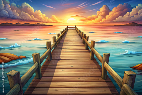 Long wooden pier extending over shallow Atlantic waters with soft sunset sky