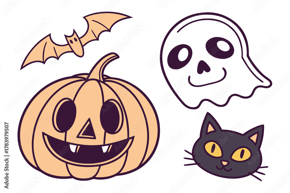 Fototapeta premium Cartoon pumpkin and bat above the ghost and cat evoke a Halloween mood