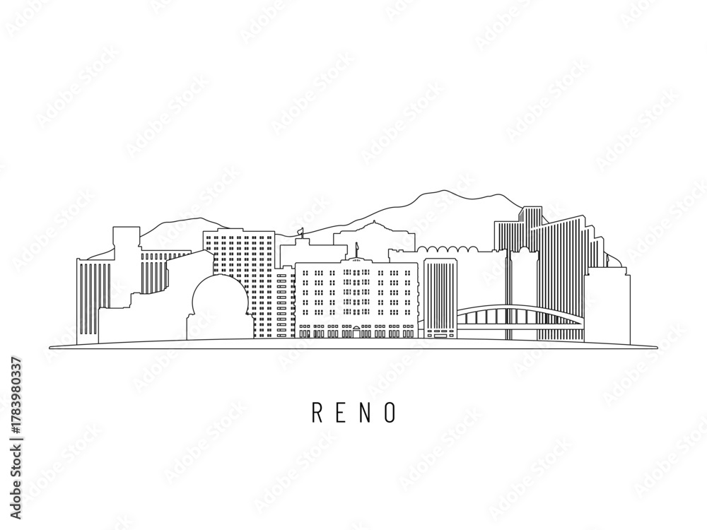 Obraz premium Detailed Reno skyline vector illustration. Reno buildings in line art style, perfect for modern designs.