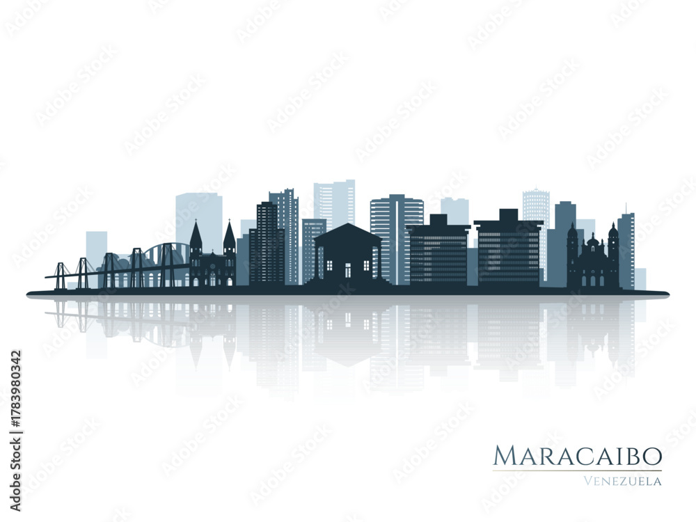 Naklejka premium Maracaibo skyline silhouette with reflection. Landscape Maracaibo, Venezuela. Vector illustration.