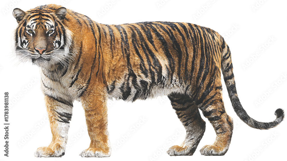 Obraz premium Majestic tiger stands proud, showcasing striking stripes and intense gaze, perfect for wildlife and conservation projects.