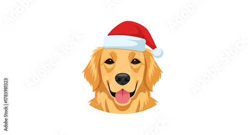 Happy Golden Retriever dog wearing a red Santa hat for Christmas. Festive pet portrait vector illustration