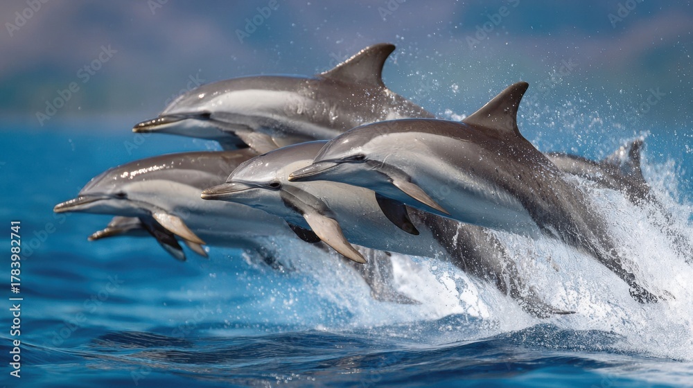 Naklejka premium A group of dolphins leaps gracefully from the sparkling ocean water under a bright sky. The scene captures the playful nature of these marine animals in a vibrant setting.