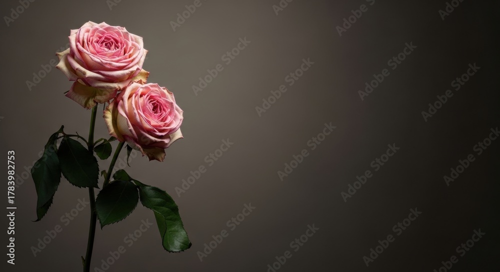 Fototapeta premium Two elegant pink roses with wilting petals on a single stem. Minimalist floral art with dramatic studio lighting. A concept of passing time fragility and memory. Design with copy space
