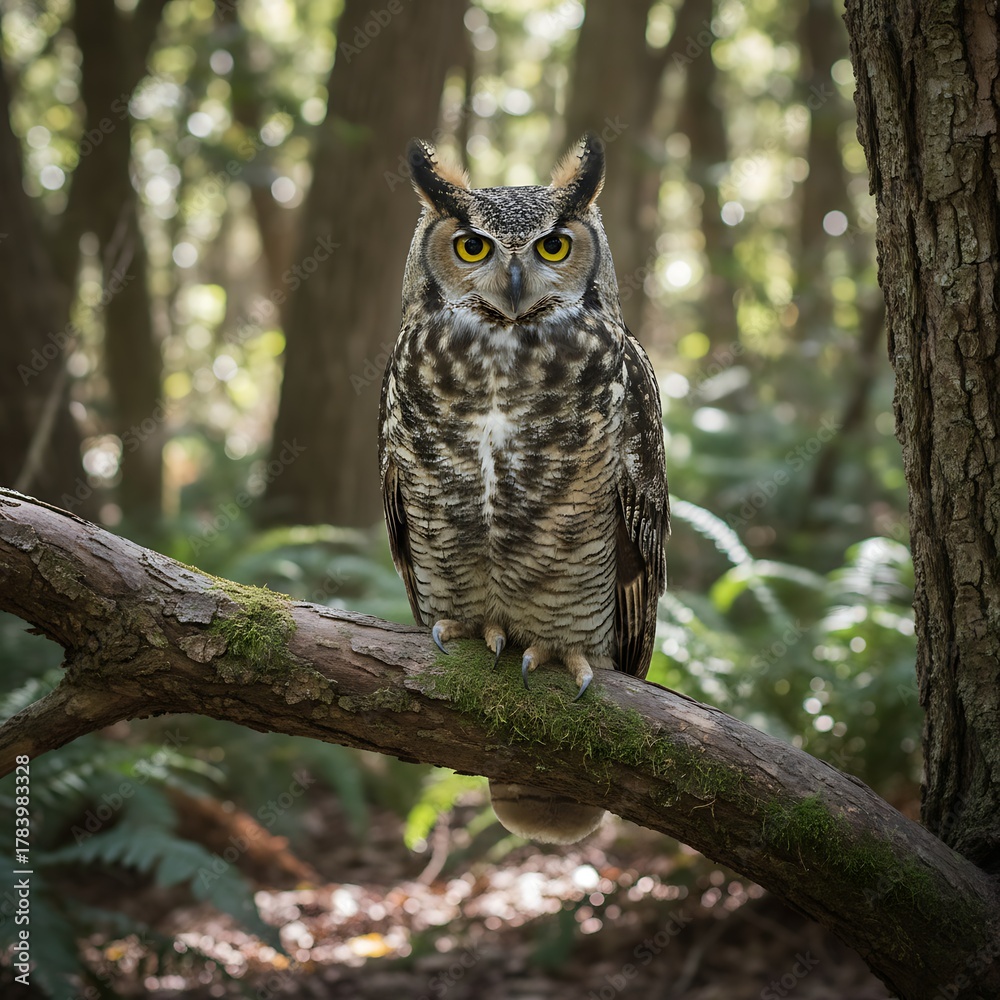 Obraz premium Large owl with yellow eyes perched regally on a tree branch