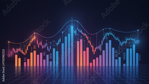 Neon glowing bar chart and candlestick graph on dark grid background candlestick chart