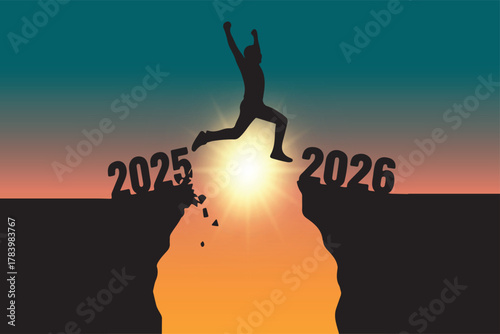 Silhouette of a person successfully leaping across a gap from the year 2025 to 2026, symbolizing transition, challenge, and hope for the new year. Vibrant sunset or sunrise background.