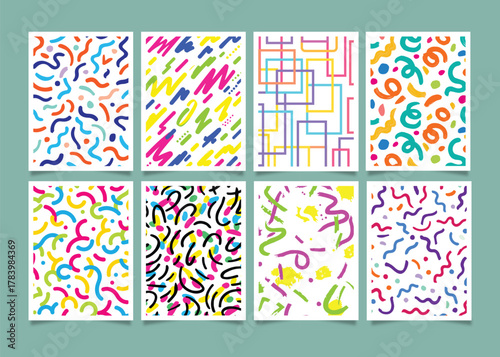 A vibrant collection of eight retro-inspired abstract patterns with colorful geometric shapes, squiggles, dots, and lines, perfect for modern design projects.
