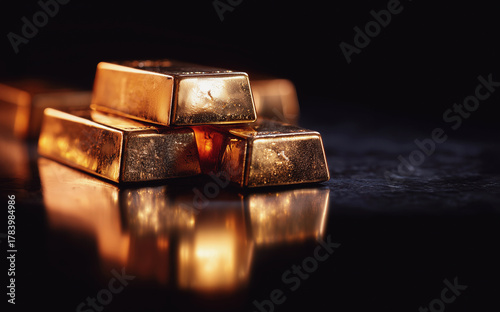 Gold bars over black background. Rustic image, cinematic styling. Ai generated.