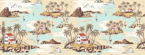 Vector seamless tropical island pattern background. Ready tropical print design. Hand drawing tropical vector pattern design.  hand drawn paradise islands with mountains and palm trees on beaches 