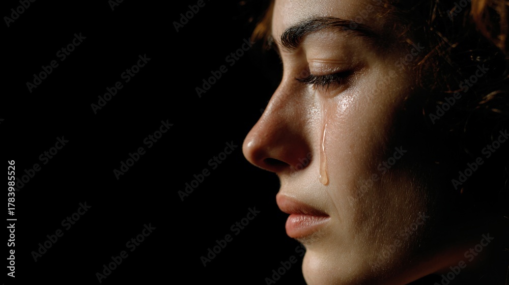 Fototapeta premium A woman is seen with tears streaming down her cheek, lost in thought. The dark background highlights her emotional expression, evoking a sense of vulnerability and introspection.