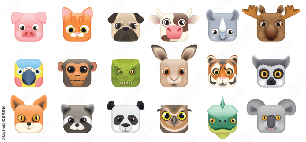 Obraz premium Cute animal and bird faces set, icons of square shape vector illustration. Cartoon isolated funny heads of forest and farm characters, mobile buttons and kawaii stickers collection for childs games