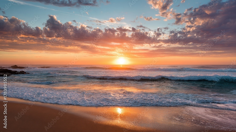 Fototapeta premium Waves gently lap against the sandy shore as the sun sets on the horizon, painting the sky in vibrant hues of orange and pink. Clouds reflect the warm colors in a serene atmosphere.