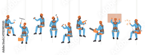 Construction and maintenance workers hanging on harness set vector illustration. Cartoon isolated technician climbers work with equipment at height, industrial alpinists with belt and rope protection