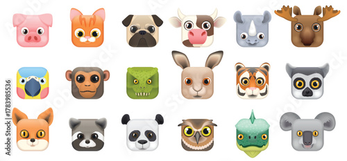 Cute animal and bird faces set, icons of square shape vector illustration. Cartoon isolated funny heads of forest and farm characters, mobile buttons and kawaii stickers collection for childs games