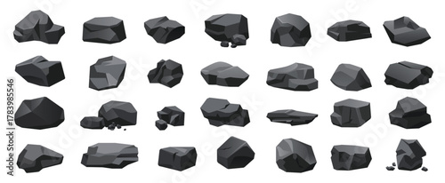 Black coal set vector illustration. Cartoon isolated lumps, basalt rocks and anthracite, charcoal pile and nugget pieces of iron ore from mine, gravel or graphite bunch and single stone collection