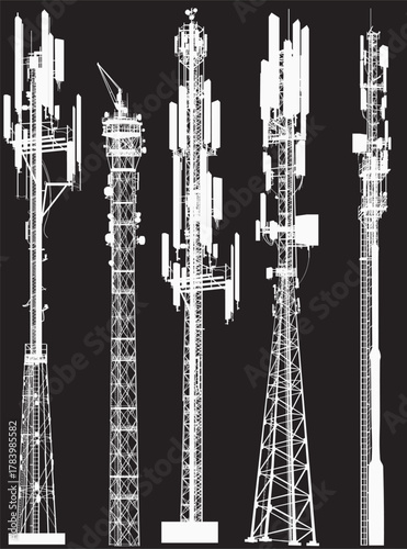 group of five antenna tower silhouettes on black