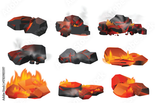 Burning coal piles set vector illustration. Cartoon isolated charcoal black pieces burn with glowing fire, hot embers and ash, red fiery flame blazing with smoke, burnt rocks of fireplace or bonfire