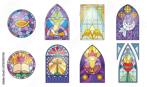 Mosaic windows of church set vector illustration. Cartoon isolated medieval gothic arch frames with Christian religious abstract patterns, colorful stained glass windows collection of old chapel