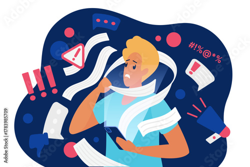 Doomscrolling, psychology problem vector illustration. Cartoon sad man with panic expression surfing information in smartphone, character reading bad negative news flow with anxiety and stress