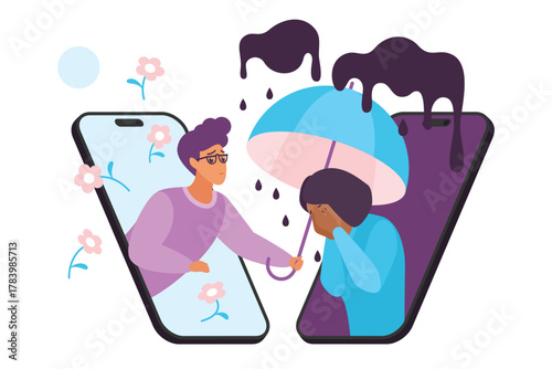 Empathy, care and online help of friend or psychology or psychotherapy counselor vector illustration. Cartoon isolated mobile phones with man holding umbrella over sad crying woman in depression