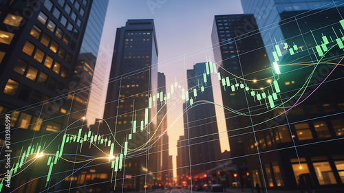 Stock market graph overlay on city skyline at dusk with skyscraper buildings stock chart