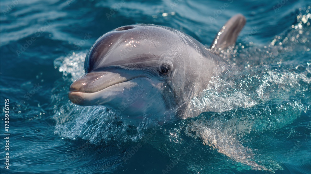 Obraz premium A playful dolphin is swimming in the clear blue ocean waters. The sun shines brightly, highlighting the dolphin's sleek form as it leaps through the waves.