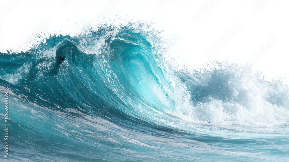 Obraz premium A large ocean wave curls with shades of blue and white, crashing down with powerful energy. The sun shines overhead, illuminating the water during a clear day, creating motion and beauty.