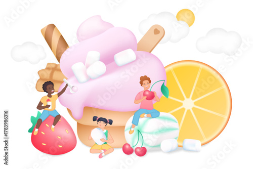 Ice cream soft serve in waffle cup, fruit and berry and tiny children vector illustration. Cartoon kids eat summer sweet dessert, boys and girls enjoy cherry, strawberry and creamy gelato on party
